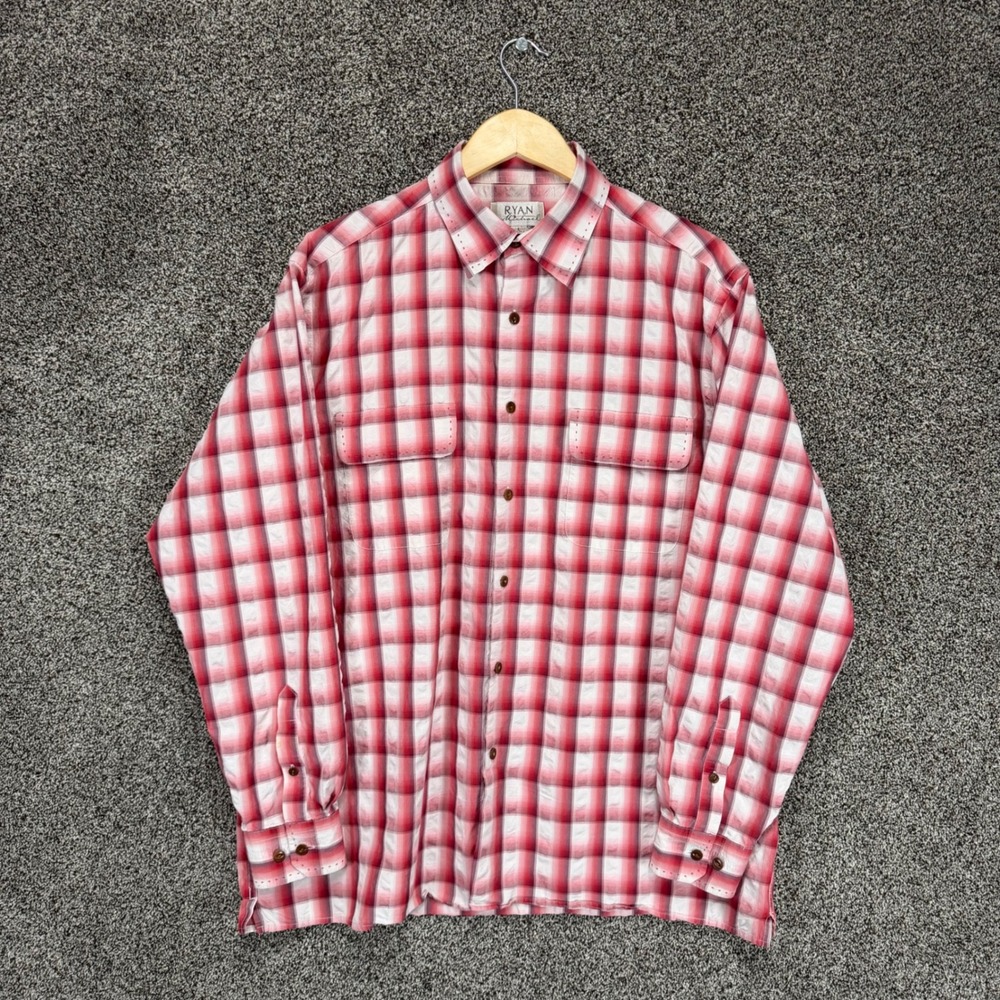 Ryan Michael Shirt Mens L Red/White Plaid Crinkle Silk Blend Western Cowboy
